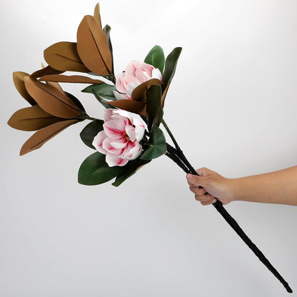2PCS 33.5inch Artificial Magnolia Flowers with Green Magnolia Leaves and Fruit 3D Real Touch 2 Heads Long Stem Faux Magnolias Flower for Home Wedding Table Office Floral Arrangement Decoration (White)