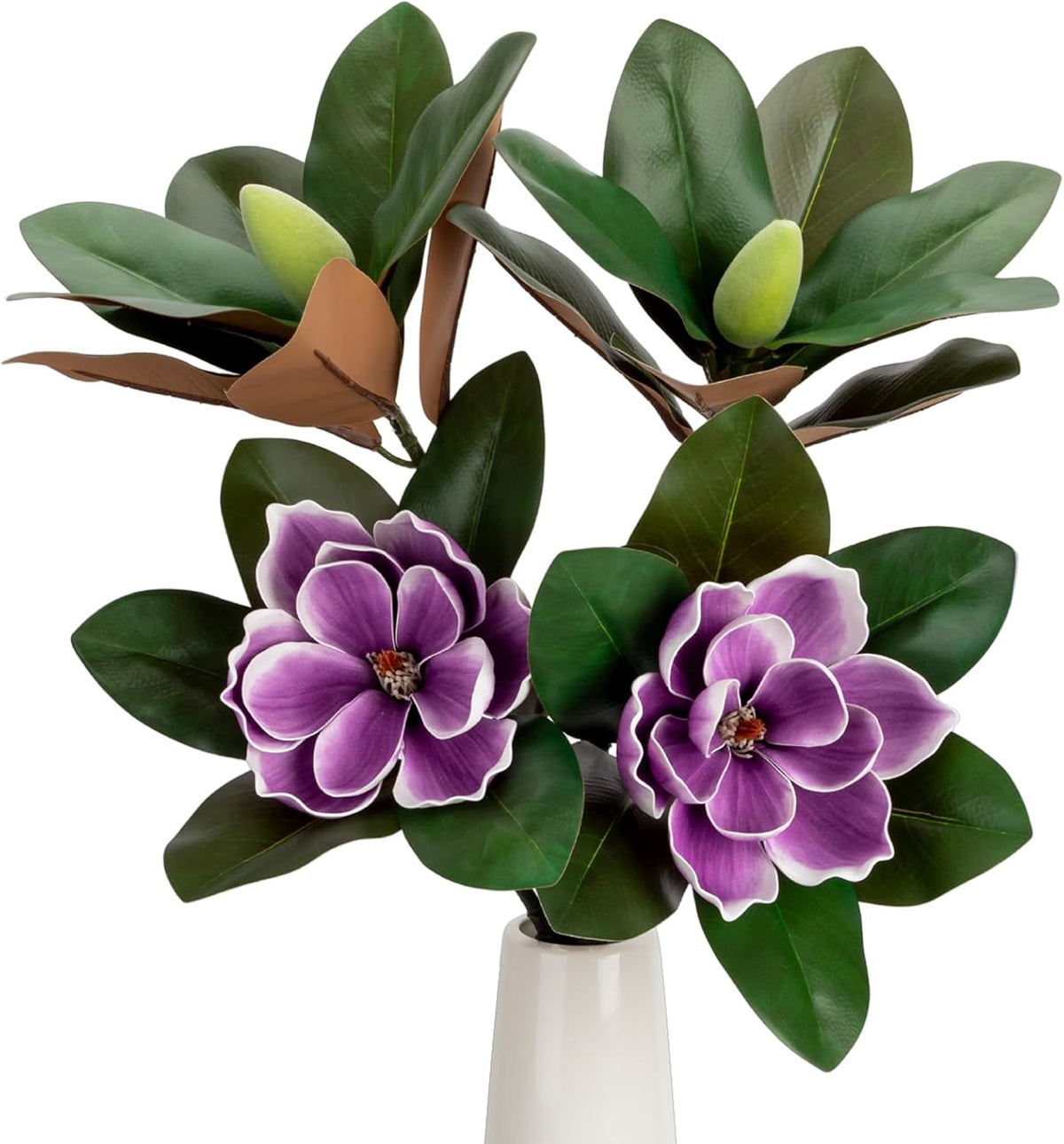 2PCS 33.5inch Artificial Magnolia Flowers with Green Magnolia Leaves and Fruit 3D Real Touch 2 Heads Long Stem Faux Magnolias Flower for Home Wedding Table Office Floral Arrangement Decoration (White)
