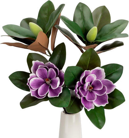2PCS 33.5inch Artificial Magnolia Flowers with Green Magnolia Leaves and Fruit 3D Real Touch 2 Heads Long Stem Faux Magnolias Flower for Home Wedding Table Office Floral Arrangement Decoration (White)