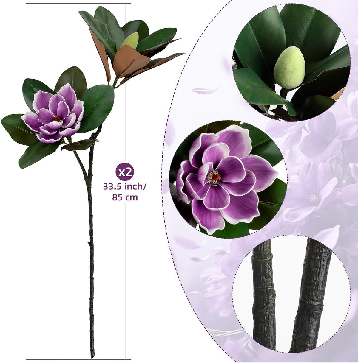 2PCS 33.5inch Artificial Magnolia Flowers with Green Magnolia Leaves and Fruit 3D Real Touch 2 Heads Long Stem Faux Magnolias Flower for Home Wedding Table Office Floral Arrangement Decoration (White)