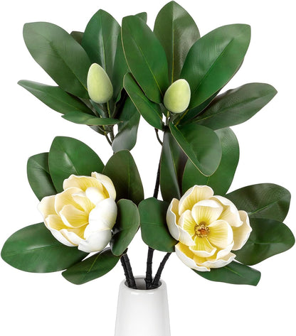 2PCS 33.5inch Artificial Magnolia Flowers with Green Magnolia Leaves and Fruit 3D Real Touch 2 Heads Long Stem Faux Magnolias Flower for Home Wedding Table Office Floral Arrangement Decoration (White)
