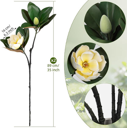 2PCS 33.5inch Artificial Magnolia Flowers with Green Magnolia Leaves and Fruit 3D Real Touch 2 Heads Long Stem Faux Magnolias Flower for Home Wedding Table Office Floral Arrangement Decoration (White)