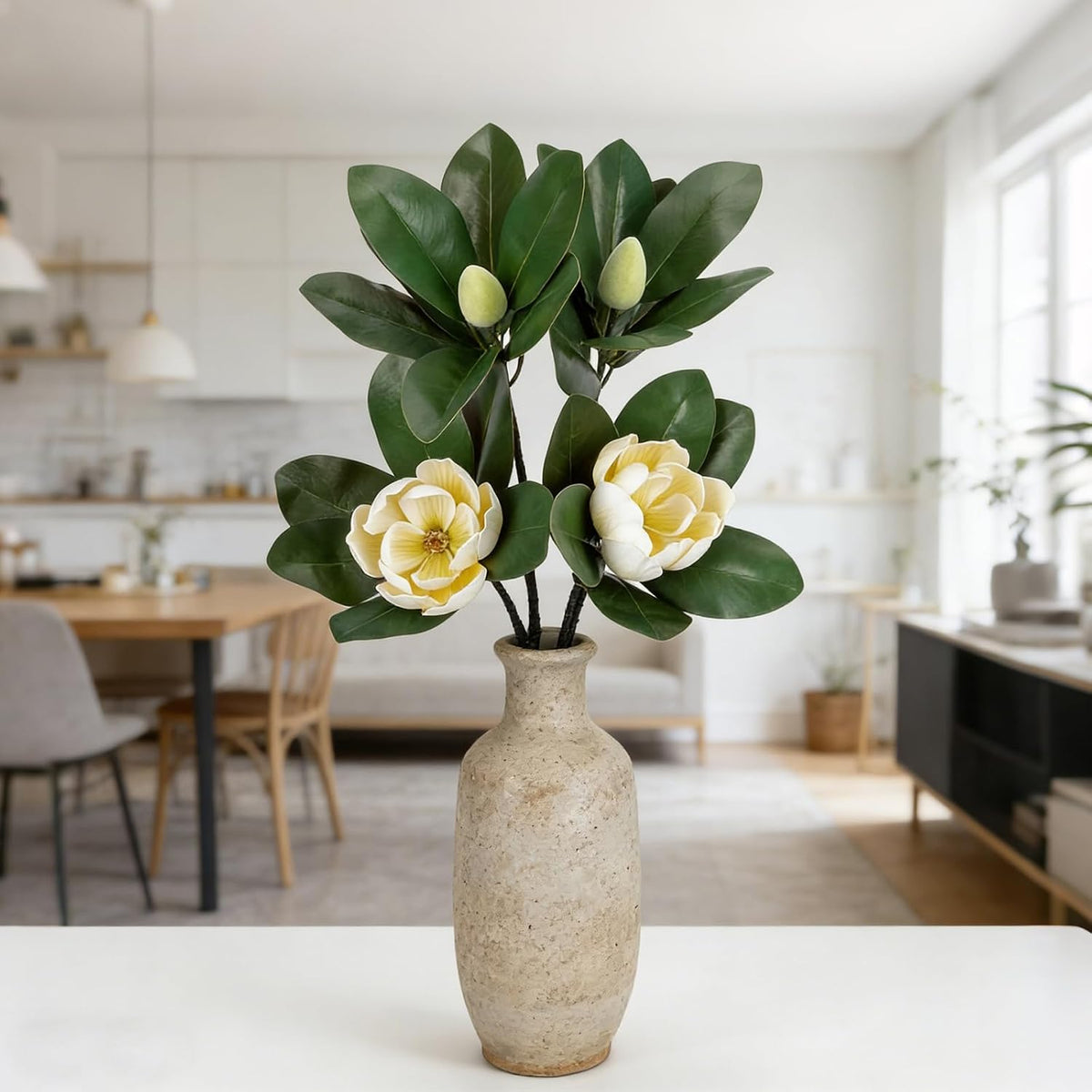 2PCS 33.5inch Artificial Magnolia Flowers with Green Magnolia Leaves and Fruit 3D Real Touch 2 Heads Long Stem Faux Magnolias Flower for Home Wedding Table Office Floral Arrangement Decoration (White)