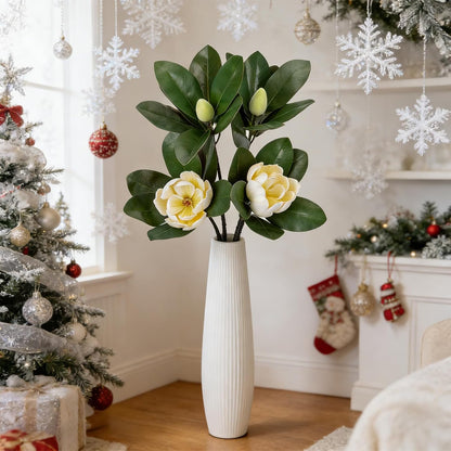 2PCS 33.5inch Artificial Magnolia Flowers with Green Magnolia Leaves and Fruit 3D Real Touch 2 Heads Long Stem Faux Magnolias Flower for Home Wedding Table Office Floral Arrangement Decoration (White)