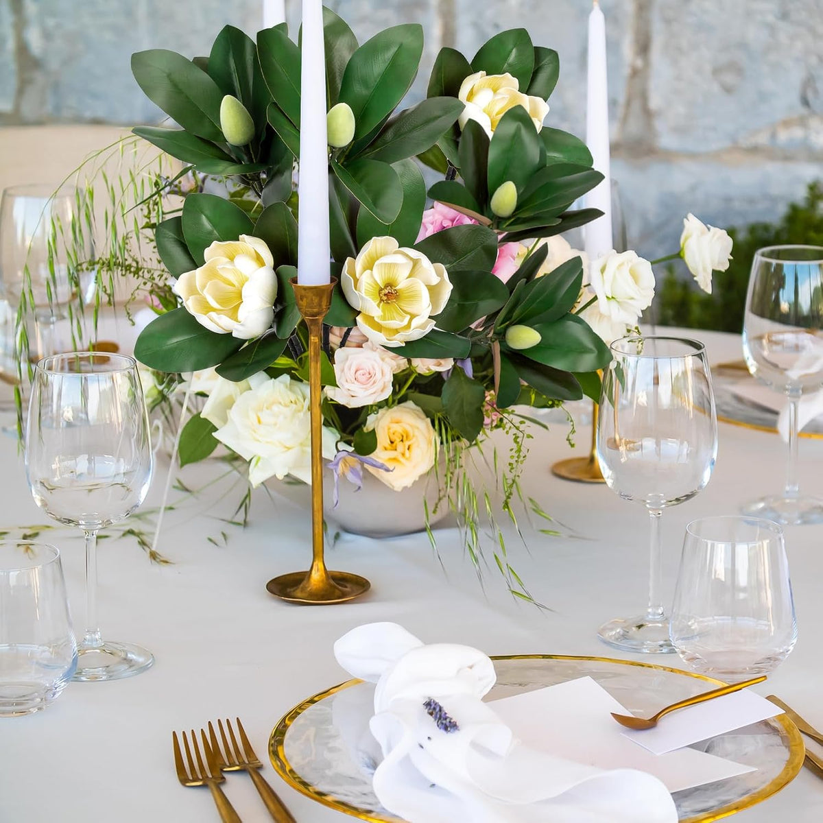 2PCS 33.5inch Artificial Magnolia Flowers with Green Magnolia Leaves and Fruit 3D Real Touch 2 Heads Long Stem Faux Magnolias Flower for Home Wedding Table Office Floral Arrangement Decoration (White)