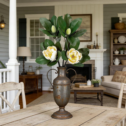2PCS 33.5inch Artificial Magnolia Flowers with Green Magnolia Leaves and Fruit 3D Real Touch 2 Heads Long Stem Faux Magnolias Flower for Home Wedding Table Office Floral Arrangement Decoration (White)