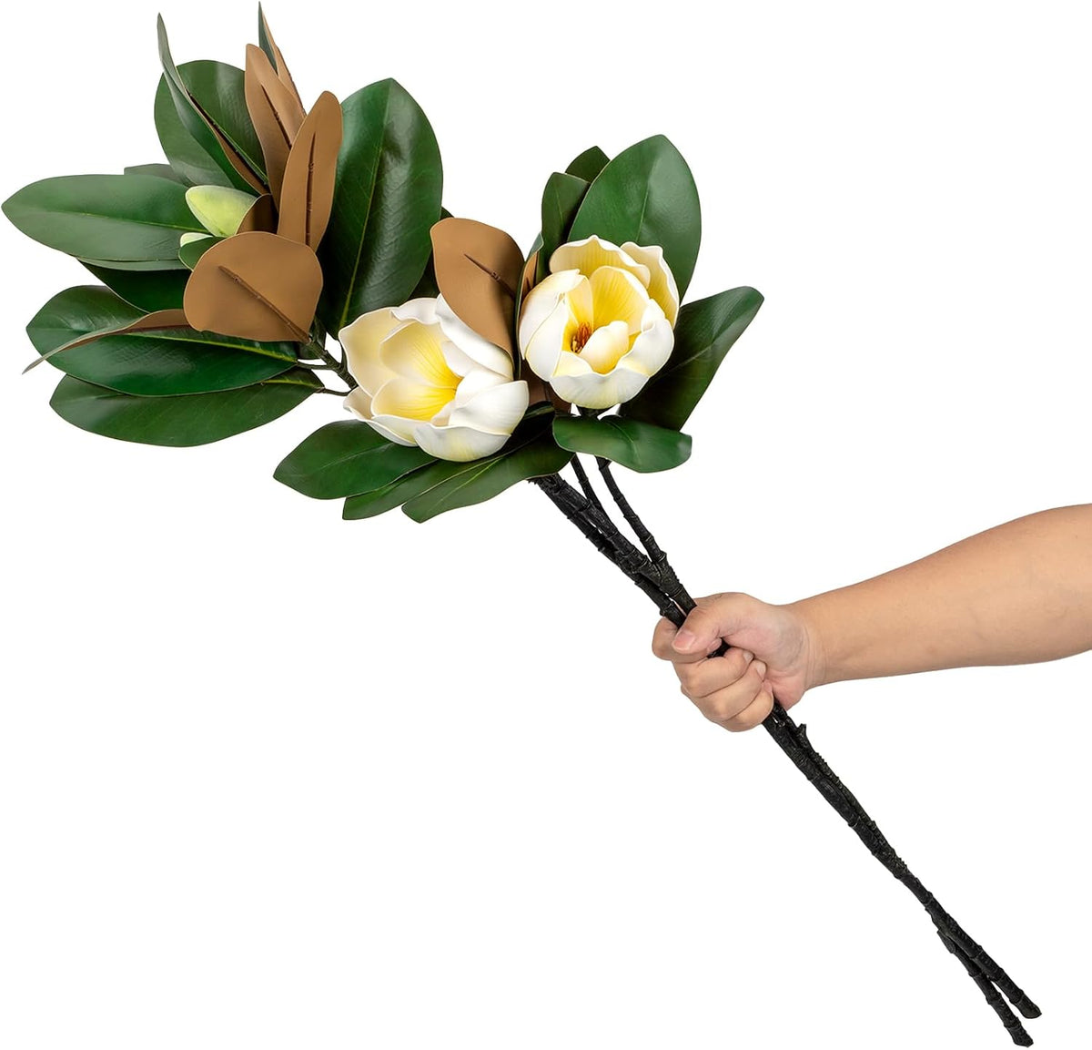 2PCS 33.5inch Artificial Magnolia Flowers with Green Magnolia Leaves and Fruit 3D Real Touch 2 Heads Long Stem Faux Magnolias Flower for Home Wedding Table Office Floral Arrangement Decoration (White)