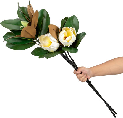 2PCS 33.5inch Artificial Magnolia Flowers with Green Magnolia Leaves and Fruit 3D Real Touch 2 Heads Long Stem Faux Magnolias Flower for Home Wedding Table Office Floral Arrangement Decoration (White)