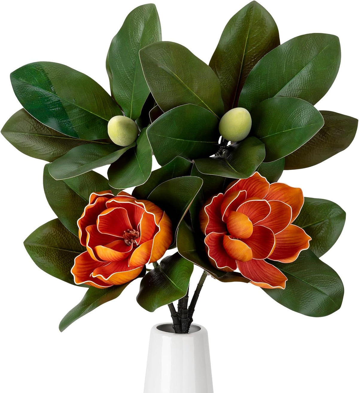 2PCS 33.5inch Artificial Magnolia Flowers with Green Magnolia Leaves and Fruit 3D Real Touch 2 Heads Long Stem Faux Magnolias Flower for Home Wedding Table Office Floral Arrangement Decoration (White)