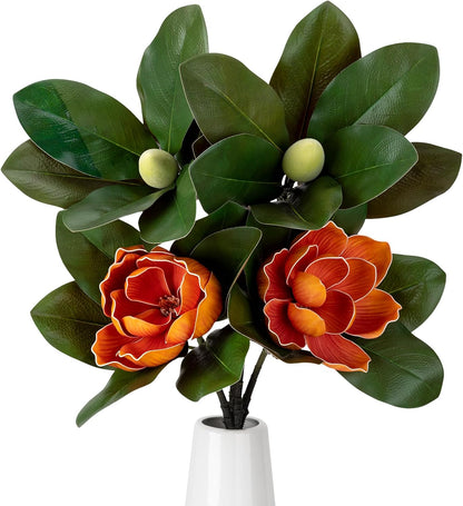 2PCS 33.5inch Artificial Magnolia Flowers with Green Magnolia Leaves and Fruit 3D Real Touch 2 Heads Long Stem Faux Magnolias Flower for Home Wedding Table Office Floral Arrangement Decoration (White)