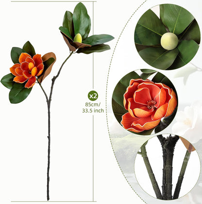 2PCS 33.5inch Artificial Magnolia Flowers with Green Magnolia Leaves and Fruit 3D Real Touch 2 Heads Long Stem Faux Magnolias Flower for Home Wedding Table Office Floral Arrangement Decoration (White)