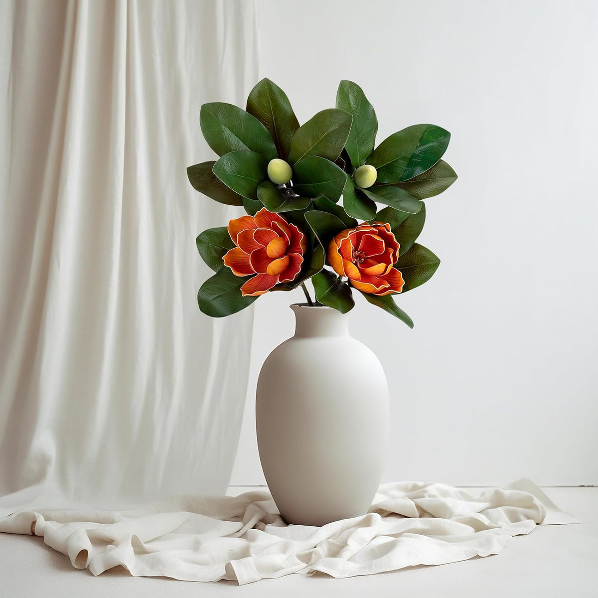 2PCS 33.5inch Artificial Magnolia Flowers with Green Magnolia Leaves and Fruit 3D Real Touch 2 Heads Long Stem Faux Magnolias Flower for Home Wedding Table Office Floral Arrangement Decoration (White)