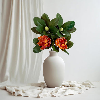 2PCS 33.5inch Artificial Magnolia Flowers with Green Magnolia Leaves and Fruit 3D Real Touch 2 Heads Long Stem Faux Magnolias Flower for Home Wedding Table Office Floral Arrangement Decoration (White)