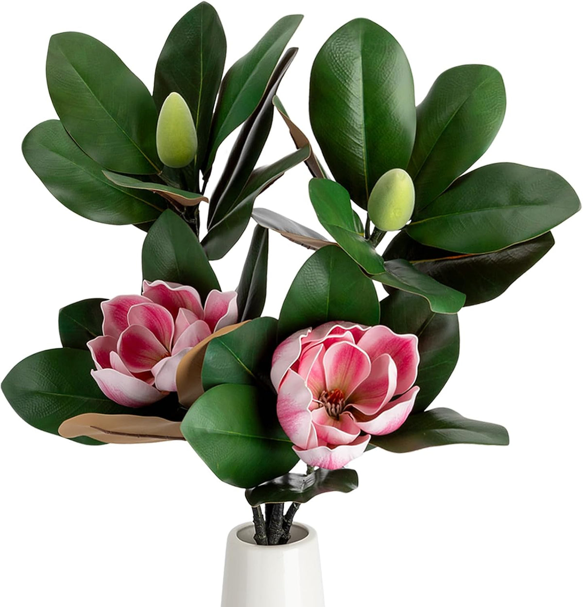 2PCS 33.5inch Artificial Magnolia Flowers with Green Magnolia Leaves and Fruit 3D Real Touch 2 Heads Long Stem Faux Magnolias Flower for Home Wedding Table Office Floral Arrangement Decoration (White)
