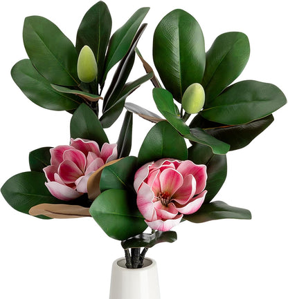 2PCS 33.5inch Artificial Magnolia Flowers with Green Magnolia Leaves and Fruit 3D Real Touch 2 Heads Long Stem Faux Magnolias Flower for Home Wedding Table Office Floral Arrangement Decoration (White)