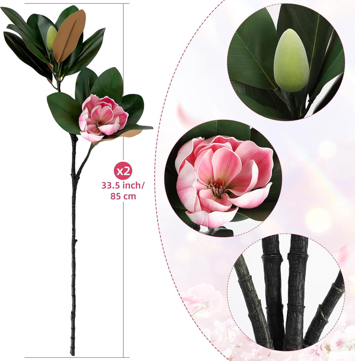 2PCS 33.5inch Artificial Magnolia Flowers with Green Magnolia Leaves and Fruit 3D Real Touch 2 Heads Long Stem Faux Magnolias Flower for Home Wedding Table Office Floral Arrangement Decoration (White)
