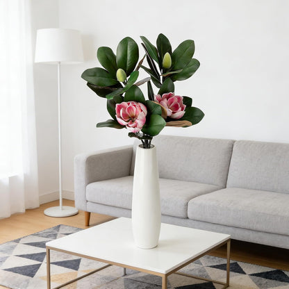 2PCS 33.5inch Artificial Magnolia Flowers with Green Magnolia Leaves and Fruit 3D Real Touch 2 Heads Long Stem Faux Magnolias Flower for Home Wedding Table Office Floral Arrangement Decoration (White)