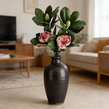 2PCS 33.5inch Artificial Magnolia Flowers with Green Magnolia Leaves and Fruit 3D Real Touch 2 Heads Long Stem Faux Magnolias Flower for Home Wedding Table Office Floral Arrangement Decoration (White)