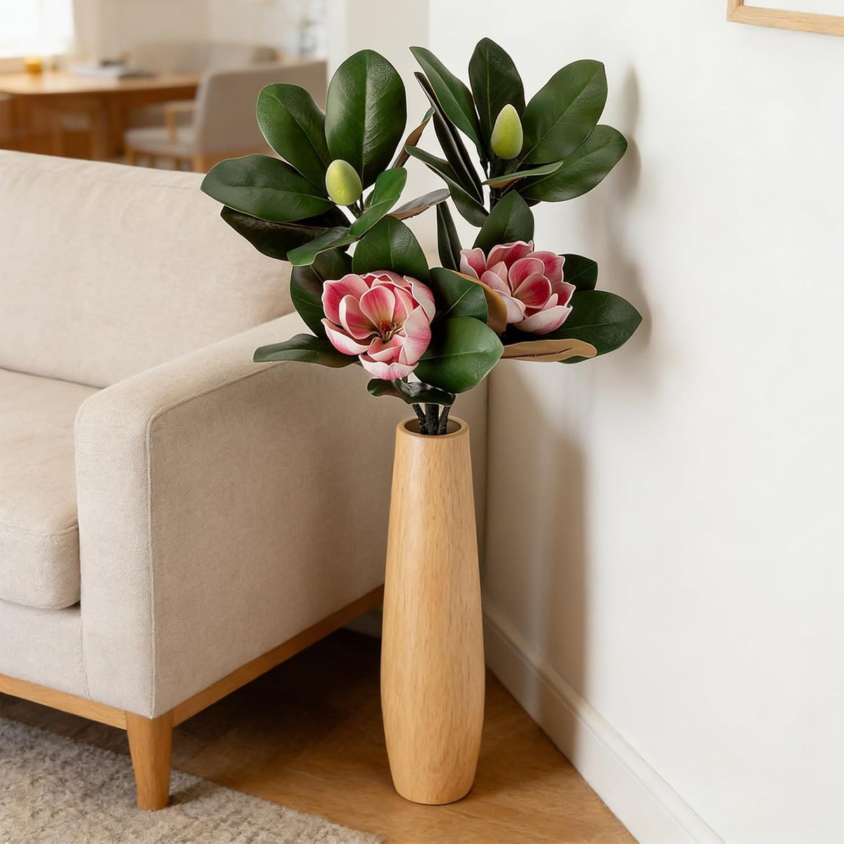 2PCS 33.5inch Artificial Magnolia Flowers with Green Magnolia Leaves and Fruit 3D Real Touch 2 Heads Long Stem Faux Magnolias Flower for Home Wedding Table Office Floral Arrangement Decoration (White)