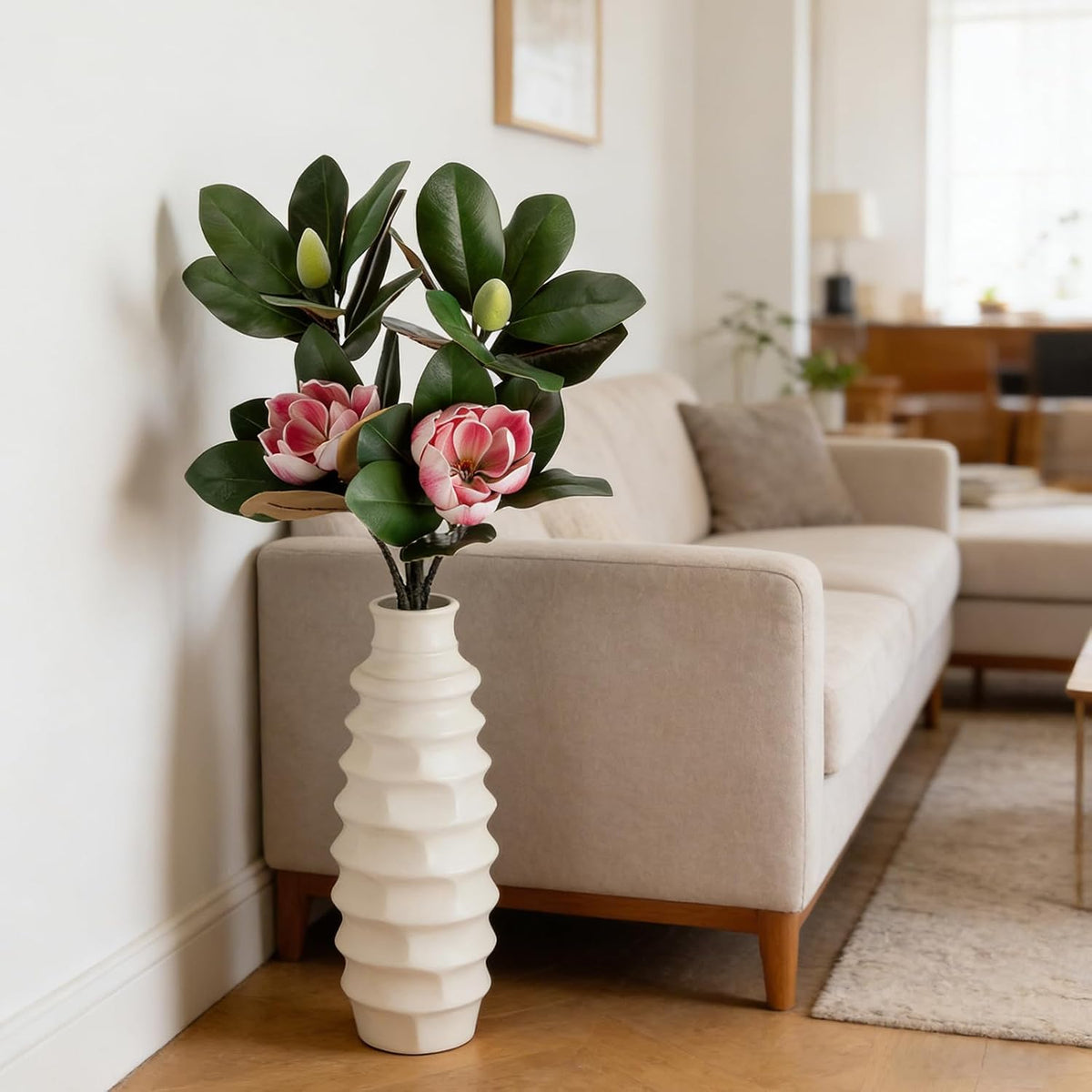 2PCS 33.5inch Artificial Magnolia Flowers with Green Magnolia Leaves and Fruit 3D Real Touch 2 Heads Long Stem Faux Magnolias Flower for Home Wedding Table Office Floral Arrangement Decoration (White)