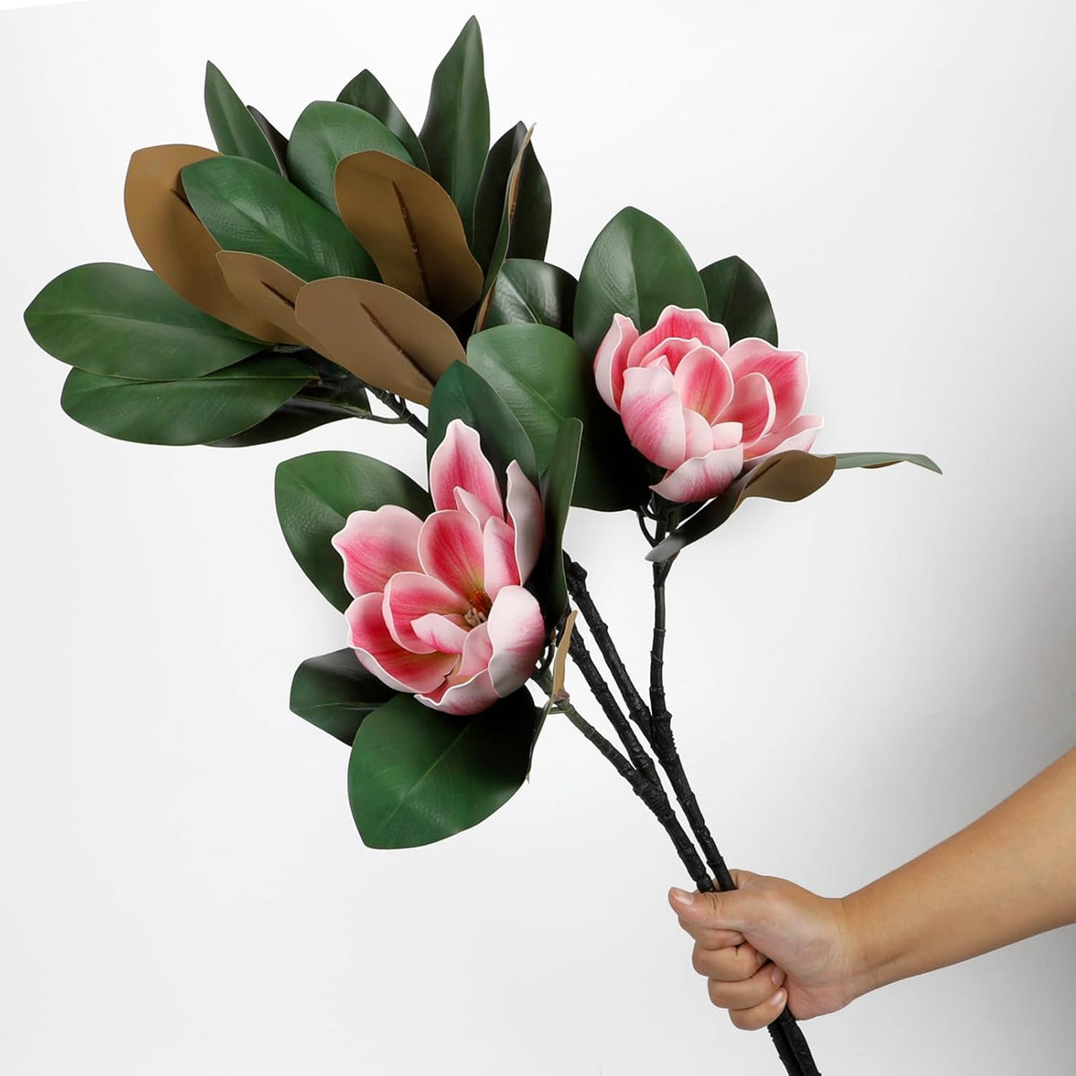2PCS 33.5inch Artificial Magnolia Flowers with Green Magnolia Leaves and Fruit 3D Real Touch 2 Heads Long Stem Faux Magnolias Flower for Home Wedding Table Office Floral Arrangement Decoration (White)
