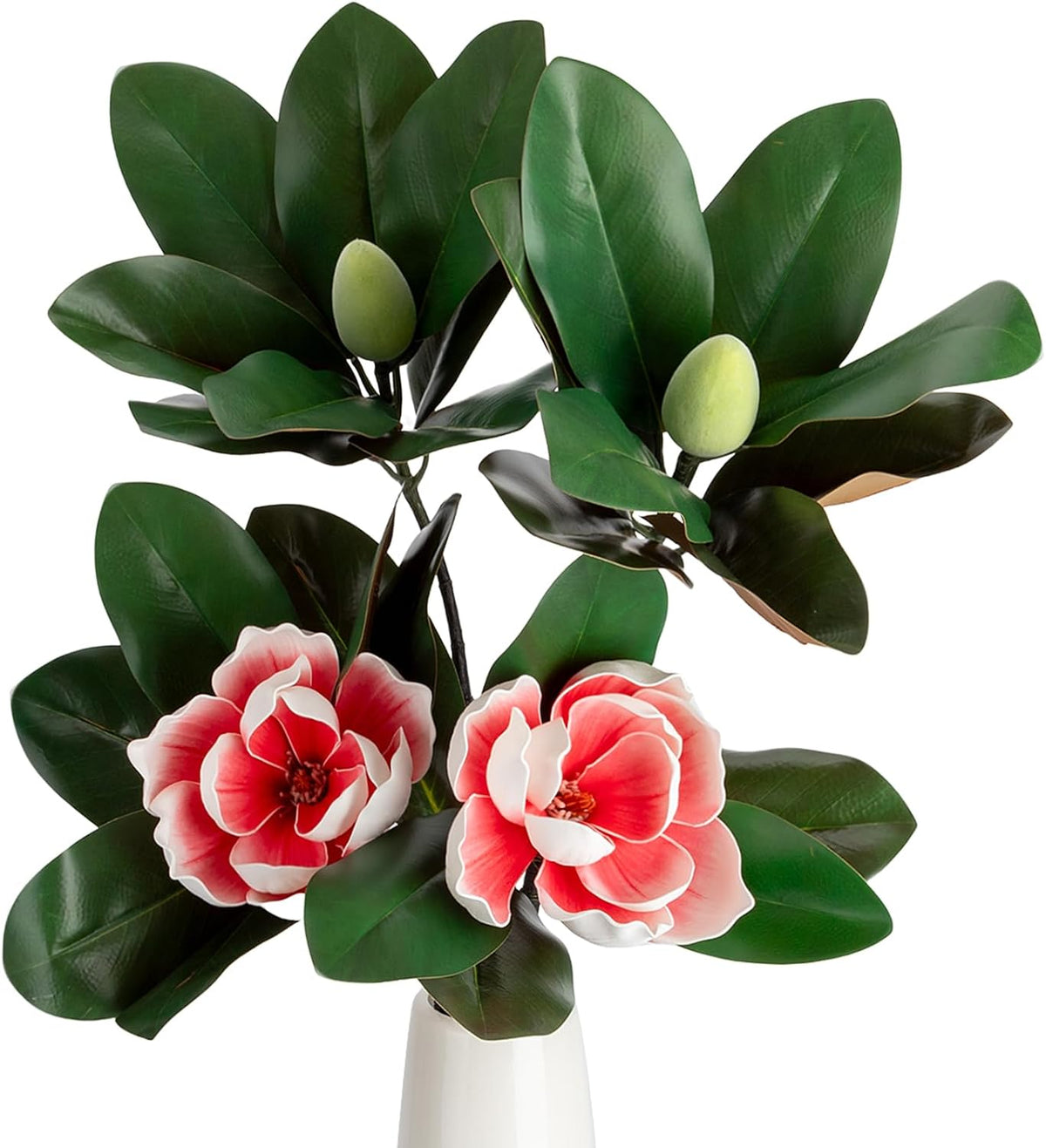 2PCS 33.5inch Artificial Magnolia Flowers with Green Magnolia Leaves and Fruit 3D Real Touch 2 Heads Long Stem Faux Magnolias Flower for Home Wedding Table Office Floral Arrangement Decoration (White)