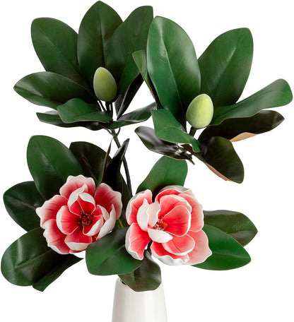2PCS 33.5inch Artificial Magnolia Flowers with Green Magnolia Leaves and Fruit 3D Real Touch 2 Heads Long Stem Faux Magnolias Flower for Home Wedding Table Office Floral Arrangement Decoration (White)