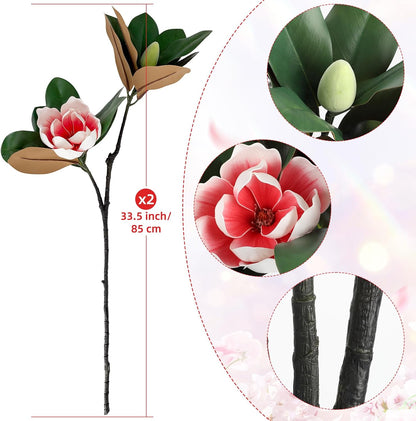 2PCS 33.5inch Artificial Magnolia Flowers with Green Magnolia Leaves and Fruit 3D Real Touch 2 Heads Long Stem Faux Magnolias Flower for Home Wedding Table Office Floral Arrangement Decoration (White)