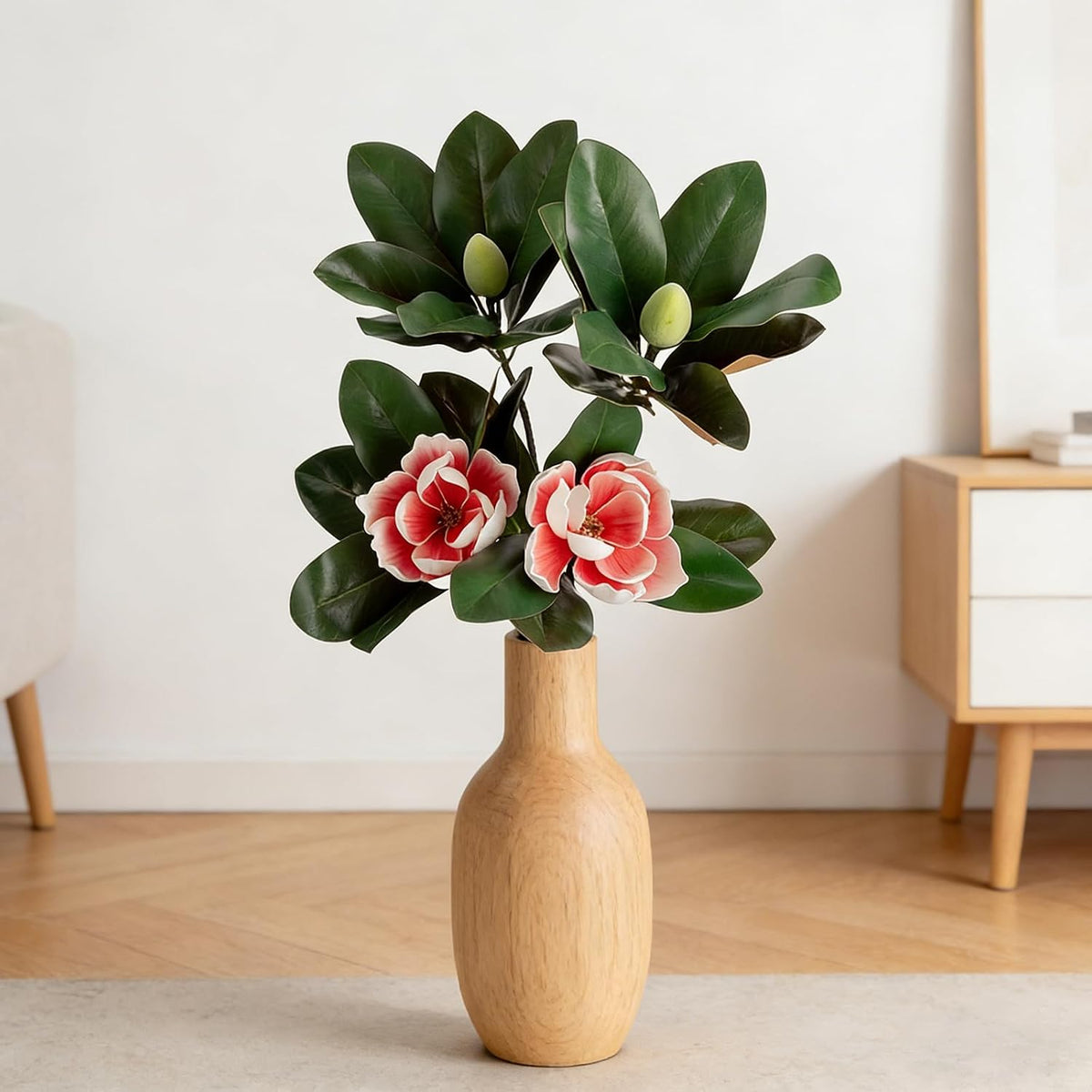 2PCS 33.5inch Artificial Magnolia Flowers with Green Magnolia Leaves and Fruit 3D Real Touch 2 Heads Long Stem Faux Magnolias Flower for Home Wedding Table Office Floral Arrangement Decoration (White)