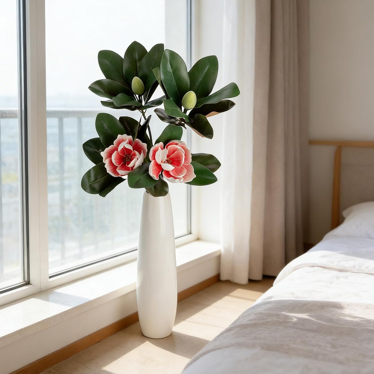 2PCS 33.5inch Artificial Magnolia Flowers with Green Magnolia Leaves and Fruit 3D Real Touch 2 Heads Long Stem Faux Magnolias Flower for Home Wedding Table Office Floral Arrangement Decoration (White)