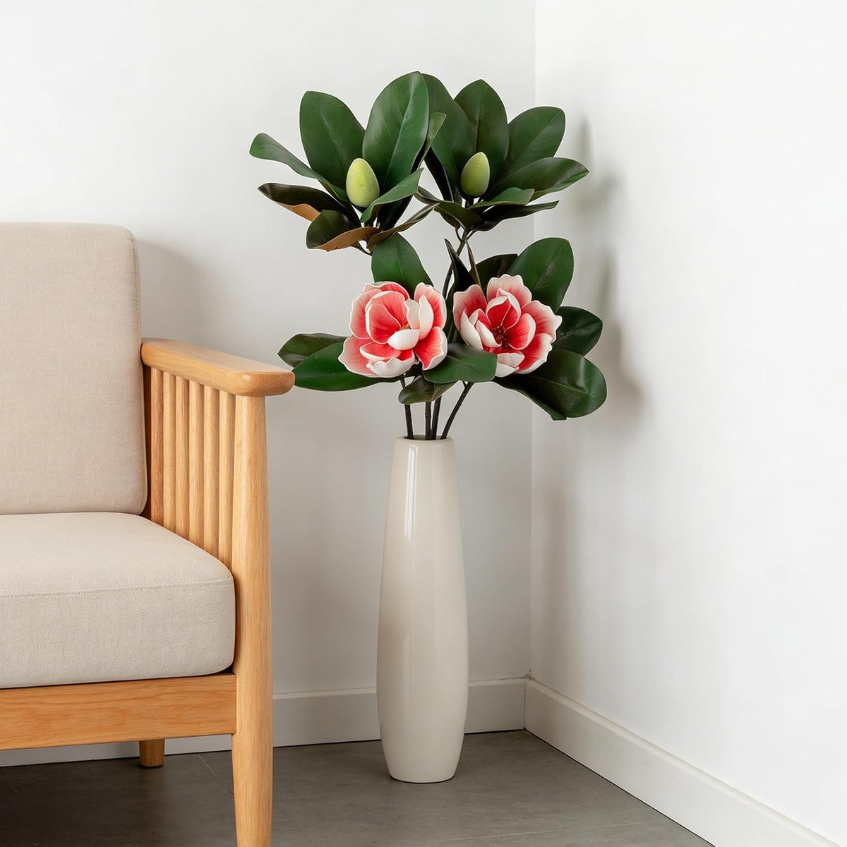 2PCS 33.5inch Artificial Magnolia Flowers with Green Magnolia Leaves and Fruit 3D Real Touch 2 Heads Long Stem Faux Magnolias Flower for Home Wedding Table Office Floral Arrangement Decoration (White)