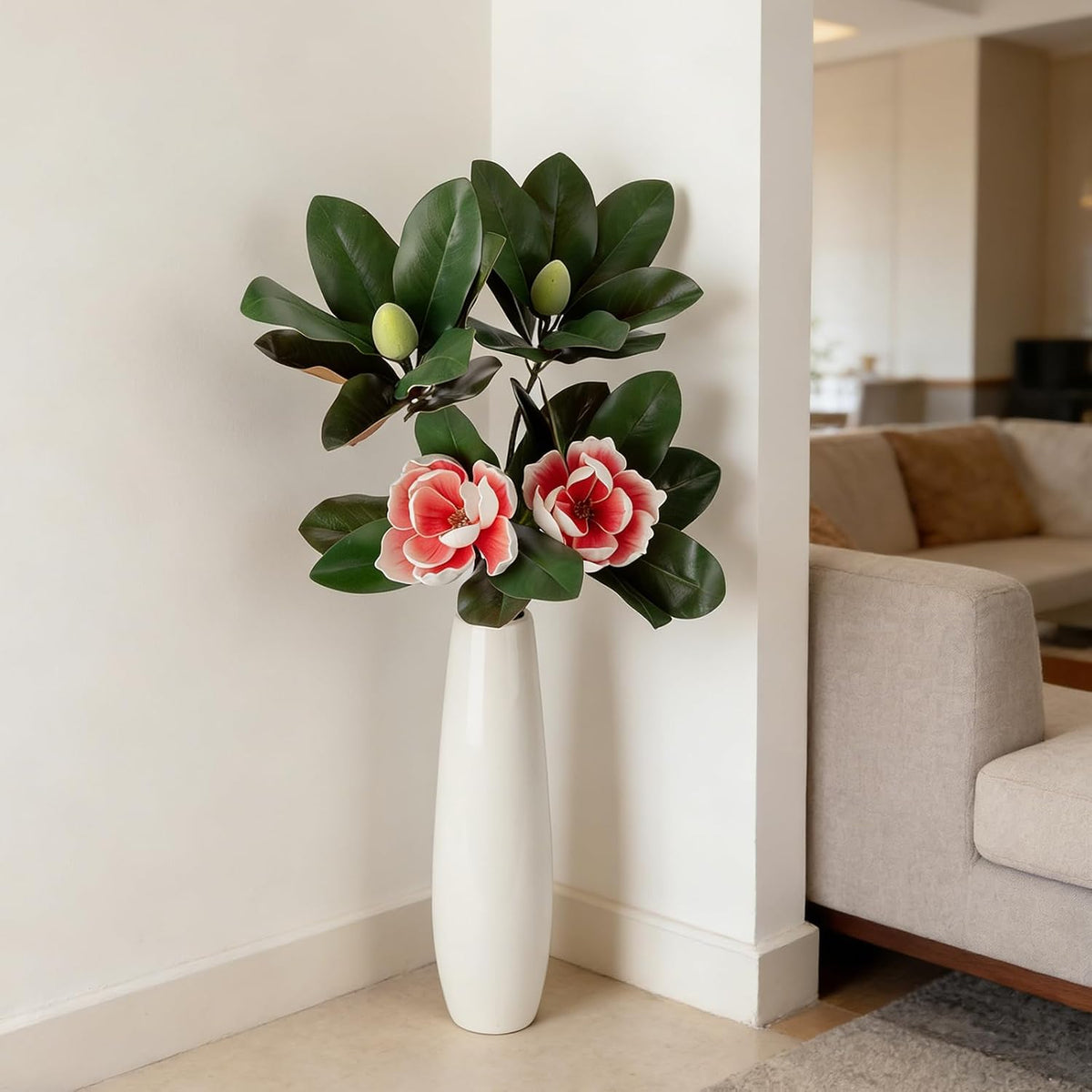 2PCS 33.5inch Artificial Magnolia Flowers with Green Magnolia Leaves and Fruit 3D Real Touch 2 Heads Long Stem Faux Magnolias Flower for Home Wedding Table Office Floral Arrangement Decoration (White)