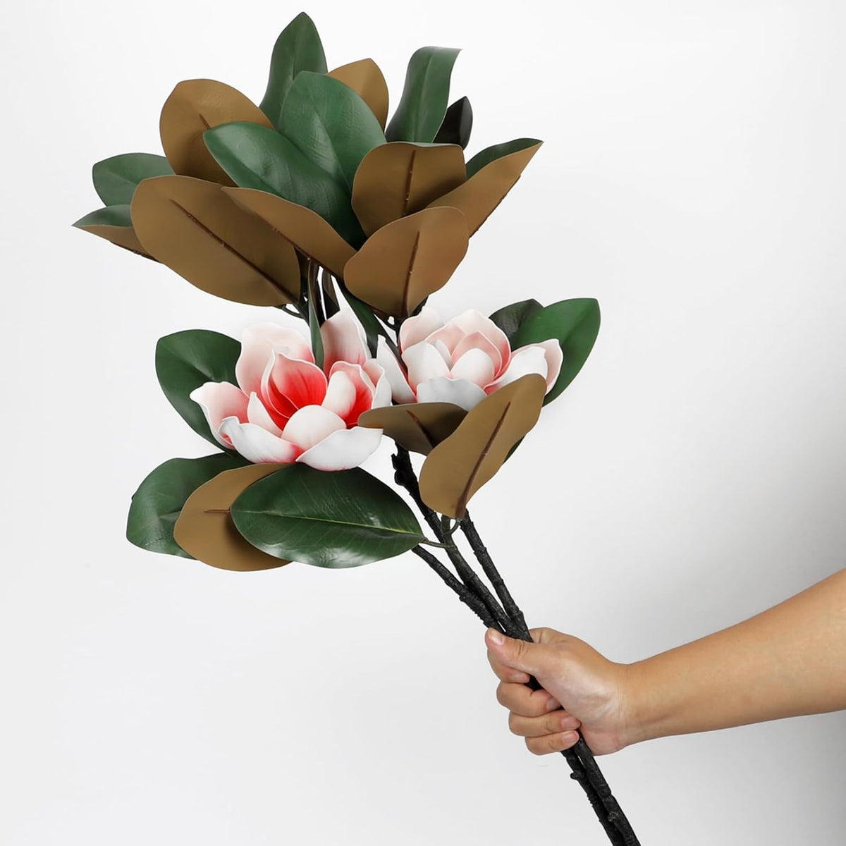2PCS 33.5inch Artificial Magnolia Flowers with Green Magnolia Leaves and Fruit 3D Real Touch 2 Heads Long Stem Faux Magnolias Flower for Home Wedding Table Office Floral Arrangement Decoration (White)