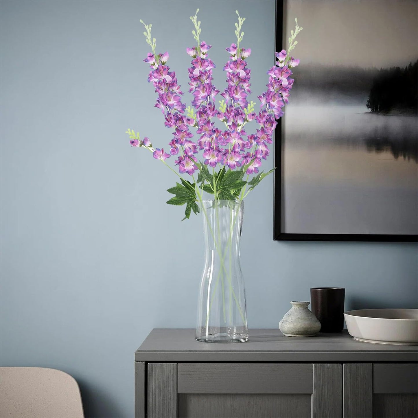 8PCS Dusty Blue Delphinium Artificial Flowers 33.5'' Faux Delphinium Stems Larkspur Silk Flowers for Wedding Table Centerpieces Home Garden Decor(Dusty Blue)