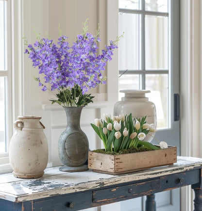 8PCS Dusty Blue Delphinium Artificial Flowers 33.5'' Faux Delphinium Stems Larkspur Silk Flowers for Wedding Table Centerpieces Home Garden Decor(Dusty Blue)