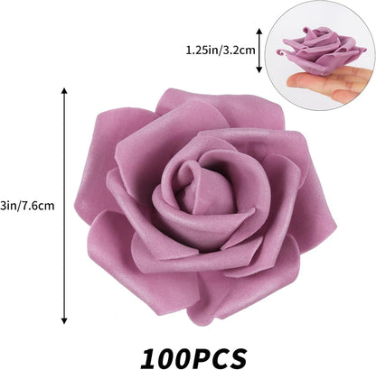 100Pcs Artificial Foam Roses Flowers Heads, 3in Stemless Lilac Foam Fake Flowers Bulk for Crafts, Wall Decorations, DIY Wedding Receptions, Bridal Shower, Faux Bouquets, Party Home Decor(Lilac)
