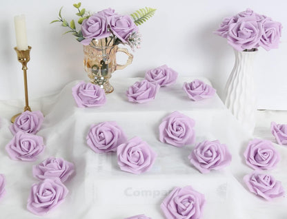 100Pcs Artificial Foam Roses Flowers Heads, 3in Stemless Lilac Foam Fake Flowers Bulk for Crafts, Wall Decorations, DIY Wedding Receptions, Bridal Shower, Faux Bouquets, Party Home Decor(Lilac)