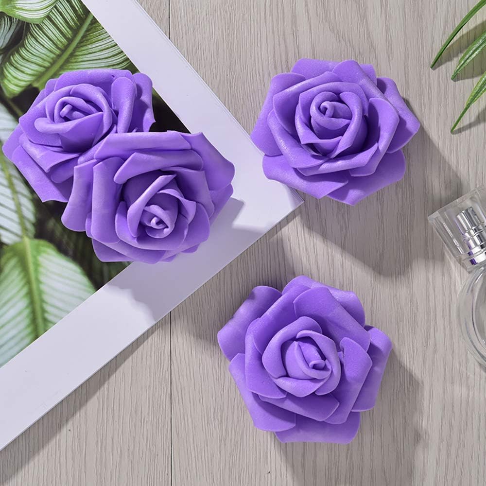 100Pcs Artificial Foam Roses Flowers Heads, 3in Stemless Lilac Foam Fake Flowers Bulk for Crafts, Wall Decorations, DIY Wedding Receptions, Bridal Shower, Faux Bouquets, Party Home Decor(Lilac)