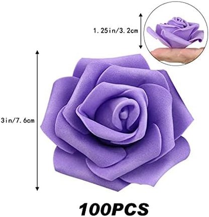 100Pcs Artificial Foam Roses Flowers Heads, 3in Stemless Lilac Foam Fake Flowers Bulk for Crafts, Wall Decorations, DIY Wedding Receptions, Bridal Shower, Faux Bouquets, Party Home Decor(Lilac)