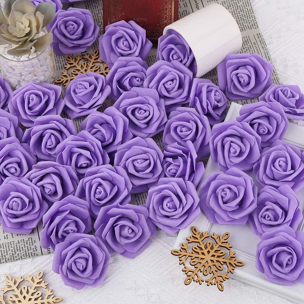 100Pcs Artificial Foam Roses Flowers Heads, 3in Stemless Lilac Foam Fake Flowers Bulk for Crafts, Wall Decorations, DIY Wedding Receptions, Bridal Shower, Faux Bouquets, Party Home Decor(Lilac)