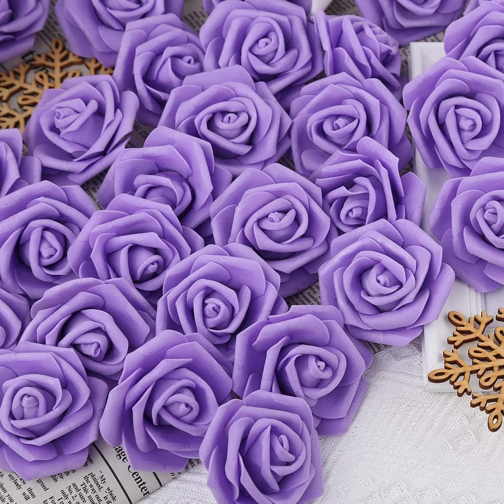 100Pcs Artificial Foam Roses Flowers Heads, 3in Stemless Lilac Foam Fake Flowers Bulk for Crafts, Wall Decorations, DIY Wedding Receptions, Bridal Shower, Faux Bouquets, Party Home Decor(Lilac)