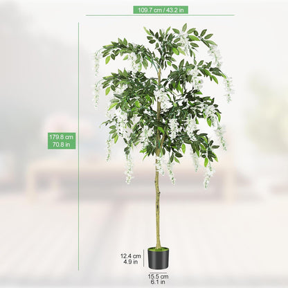 6FT Ficus Tree Artificial Indoor,Tall Fake Wisteria Tree in Nursery Pot | Blooming White Flowers,Realistic Green Leaves and Real Wood Trunk for Living Room,Home Office & Porch
