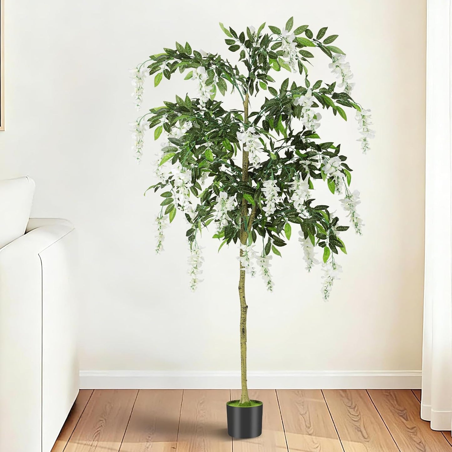 6FT Ficus Tree Artificial Indoor,Tall Fake Wisteria Tree in Nursery Pot | Blooming White Flowers,Realistic Green Leaves and Real Wood Trunk for Living Room,Home Office & Porch