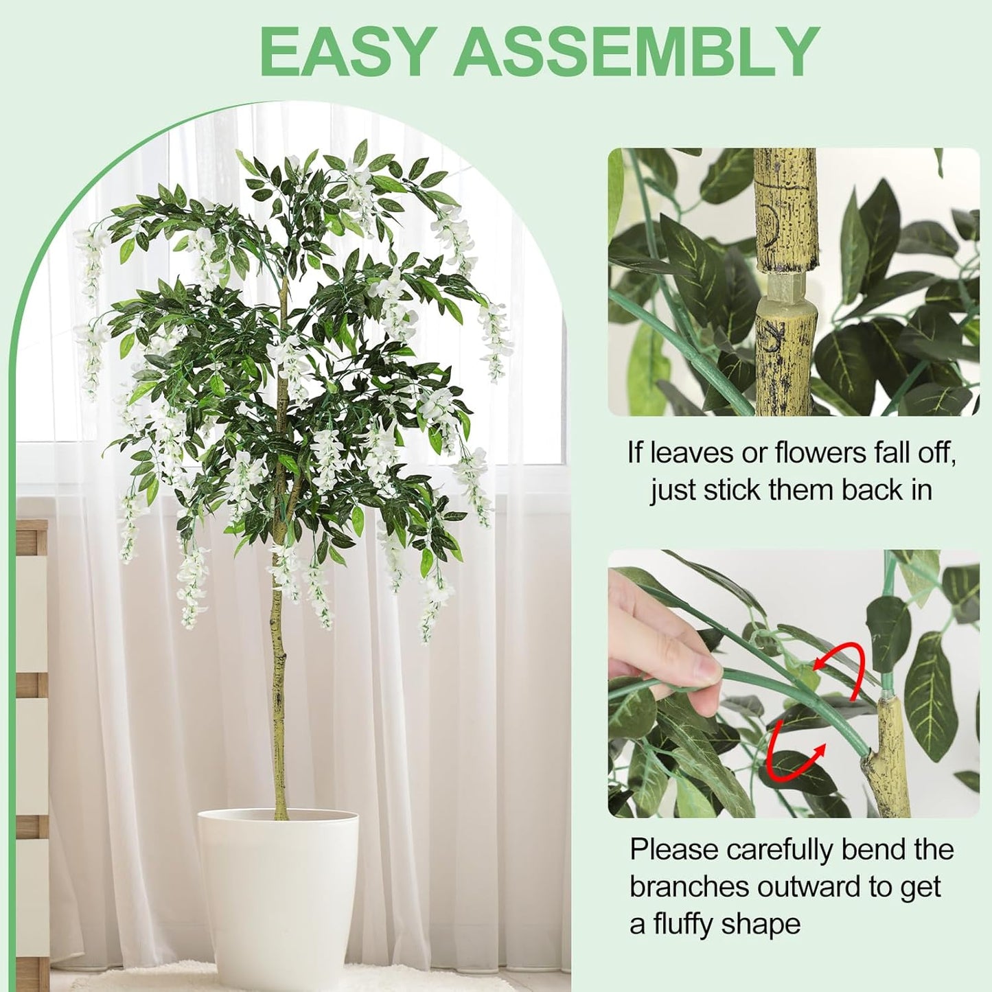 6FT Ficus Tree Artificial Indoor,Tall Fake Wisteria Tree in Nursery Pot | Blooming White Flowers,Realistic Green Leaves and Real Wood Trunk for Living Room,Home Office & Porch