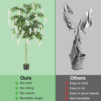 6FT Ficus Tree Artificial Indoor,Tall Fake Wisteria Tree in Nursery Pot | Blooming White Flowers,Realistic Green Leaves and Real Wood Trunk for Living Room,Home Office & Porch