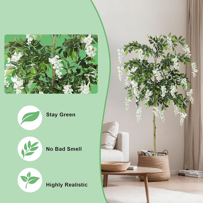 6FT Ficus Tree Artificial Indoor,Tall Fake Wisteria Tree in Nursery Pot | Blooming White Flowers,Realistic Green Leaves and Real Wood Trunk for Living Room,Home Office & Porch