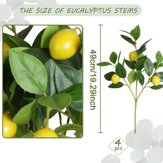 Coreland Artificial Lemon Leaves with Lemon, 4 Pack Faux Lemon Branches for Vases, Realistic Lemons Tree Bushes for Kitchen Dining Table Farmhouse Indoor Outdoor Home Decoration