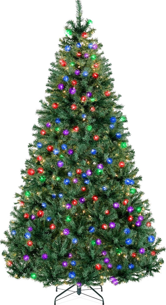 6Ft Pre-Lit Christmas Tree w/Twinkling LEDs, Premium Green Artificial Pine Lighted Holiday Decoration w/ 250 Lights, 1000 Branch Tips, Metal Base - Multi-Color Lights