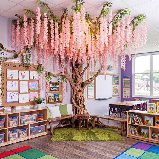 3D Wisteria Tree Classroom Tree Wall Decor for Room Ceiling Artificial Wisteria Hanging Garland Vine Cardboard Paper for Fairy Forest Back to School Bulletin Board Decoration DIY(Pink)