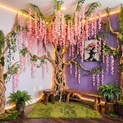 3D Wisteria Tree Classroom Tree Wall Decor for Room Ceiling Artificial Wisteria Hanging Garland Vine Cardboard Paper for Fairy Forest Back to School Bulletin Board Decoration DIY(Pink)